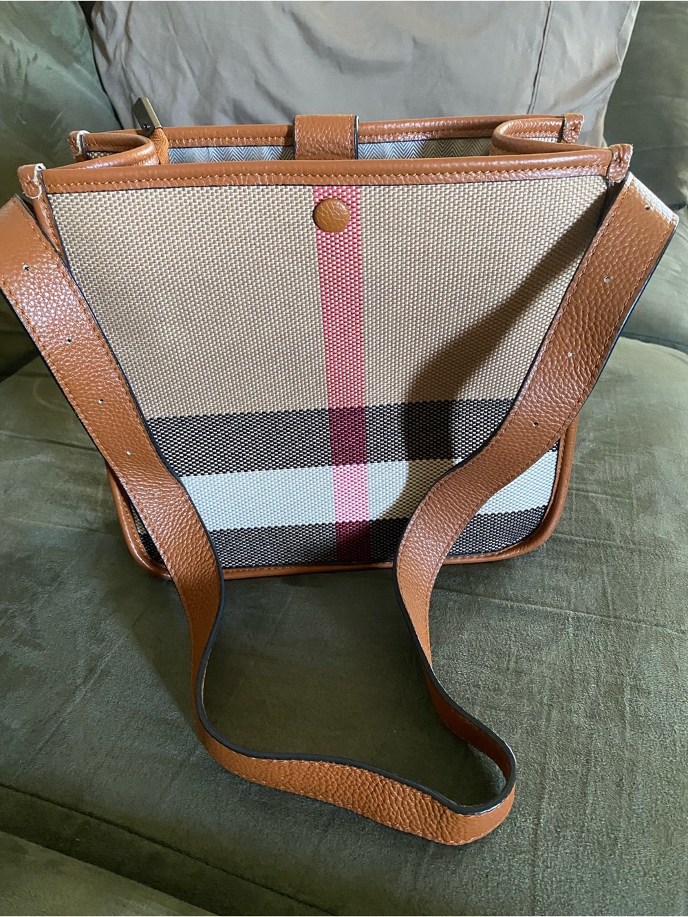 Tan Leather-Trim Shoulder Bag with Red Accent Stripe